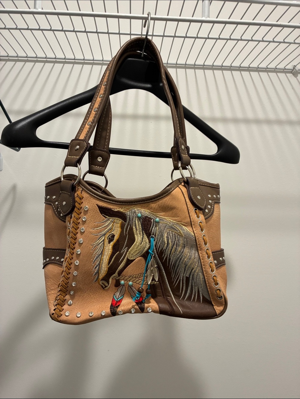 Western Embroidered Horse Accent Handbag in Brown and Tan